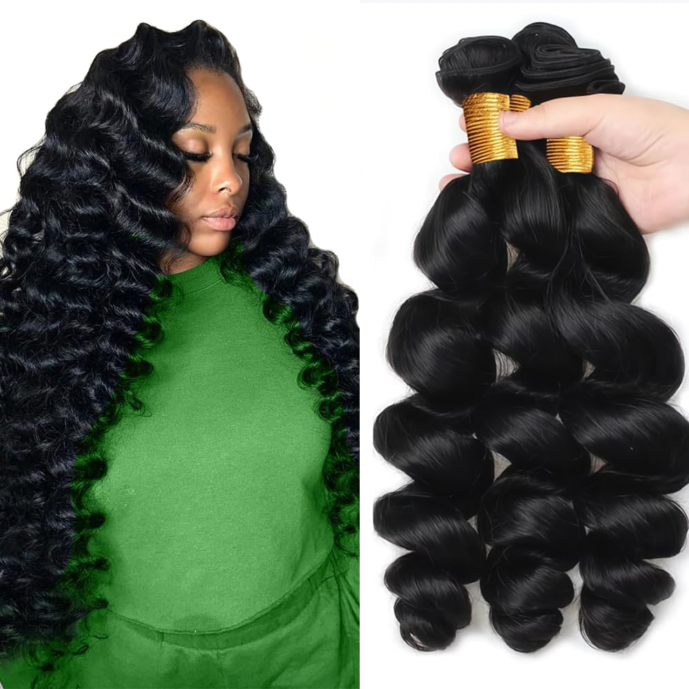 30 32 34 Inch Natural Black Loose Wave Bundles #1B Loose Wave Bundles Human Hair Unprocessed Bundle Human Hair 3 Bundle Total 150g