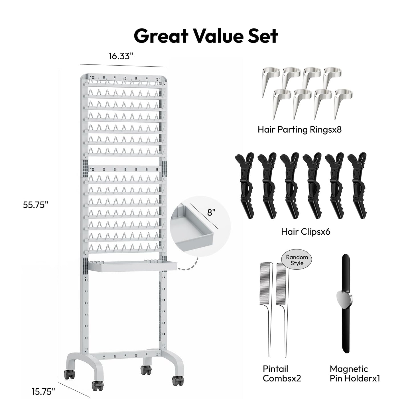 Sunnacate 280 Pegs Braiding Hair Rack with Tray and Tools, Height Adjustable, 2-Side Braid Rack with Wheels, Standing Braider Hair Stand Separator Extension Holder Perm Accessories for Salon Home