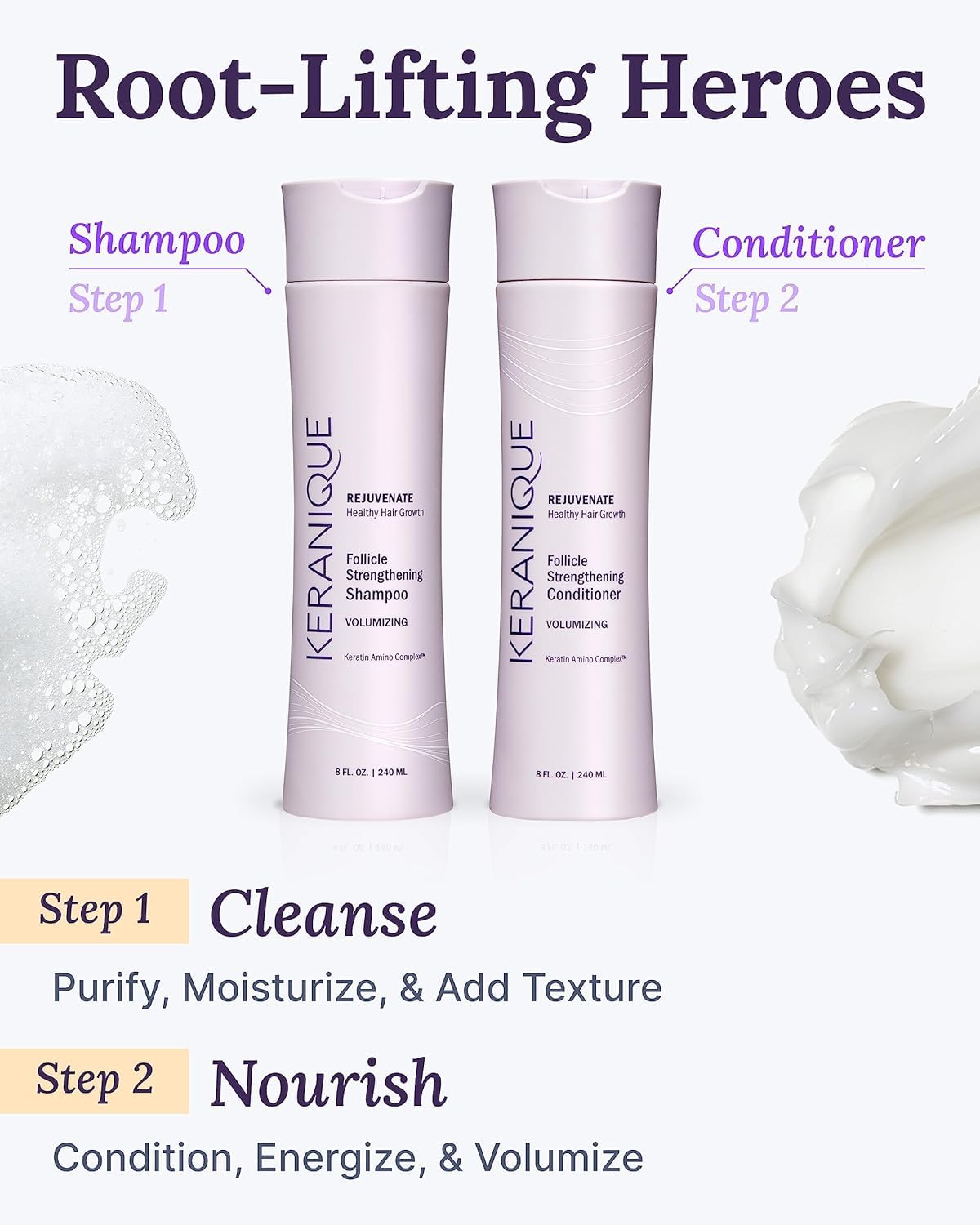 Keranique Volumizing Shampoo & Conditioner Set | Hair Repair & Growth Support with Keratin, Biotin & Niacinamide - Lightweight Formula