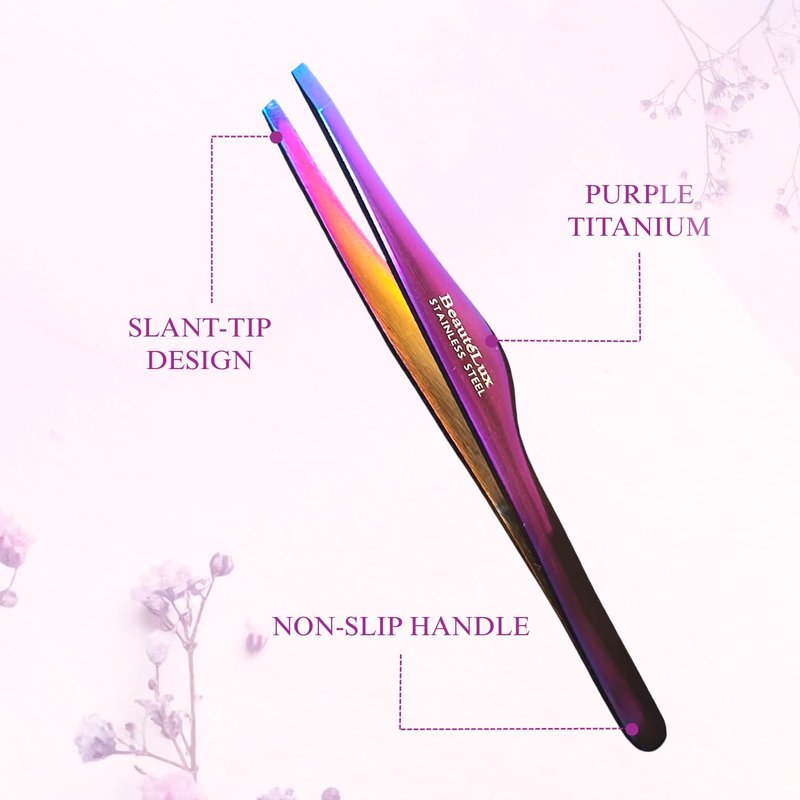 Beautélux Pro Series Purple Titanium Coated Tweezers – Precision Slant Tip Eyebrow Tweezers with Elegant Design, Professional Stainless Steel Hair Removal Tool with Purple Leather Pouch