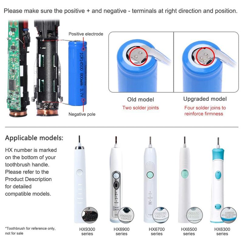 Upgraded Version: 800 mAh 3.7v Li-ion Electric Toothbrush Replacement Battery Compatible with Philips HX9340 HX6930 HX6750 HX6530 HX6320 HX6950 HX9350 HX6920 HX6910 HX6710 with pins for Circuit Board
