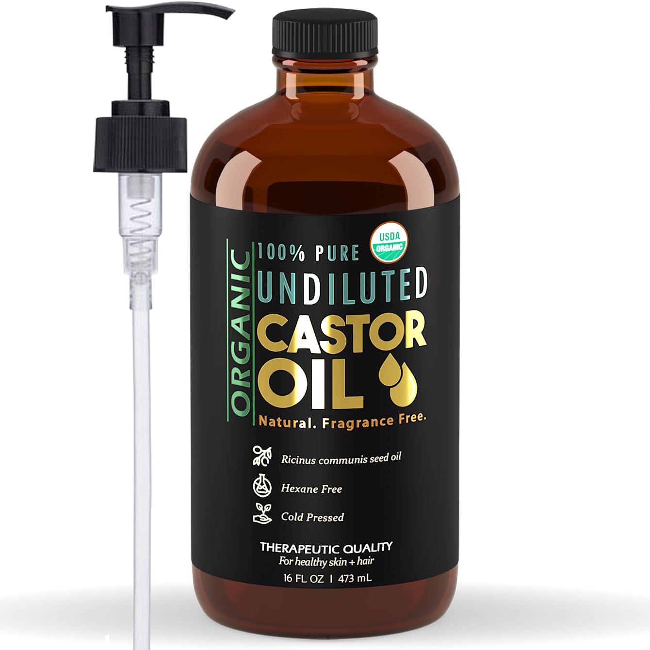 Organic Castor Oil for Skin Hydration - 100% Pure, Cold Pressed, Hexane Free | 16 oz Glass Bottle for Hair & Eyelashes Growth