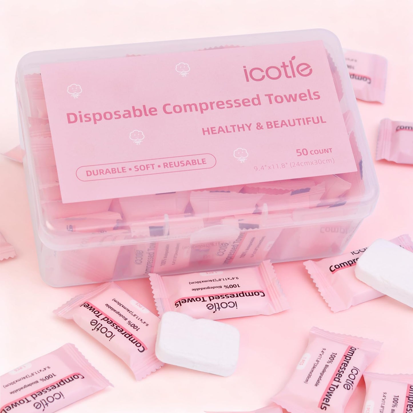 ICOTLE 50 Pcs Compressed Towels Disposable Cotton Coin Tissue Pack, Portable Face Cloths, Soft Thick Expandable Wash Towels for Travel, Home, Camping, Outdoor, Gym, Makeup Removal