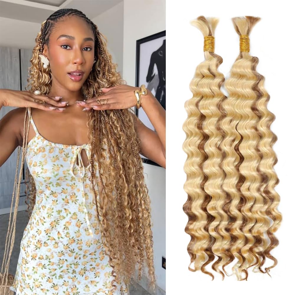 Honey Blonde Human Braiding Hair for Boho Braids 28 28 Inch Highlight Boho Bulk Human Hair for Braiding Curly Deep Wave Bundles #27 Bundles