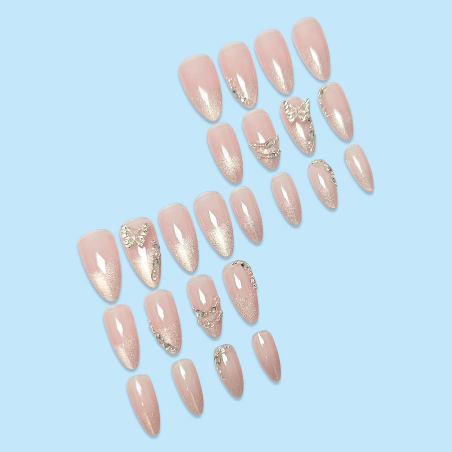 Almond Press-On Nails - Ombre French Tip with Butterfly Designs | 24 Pcs Set for Women