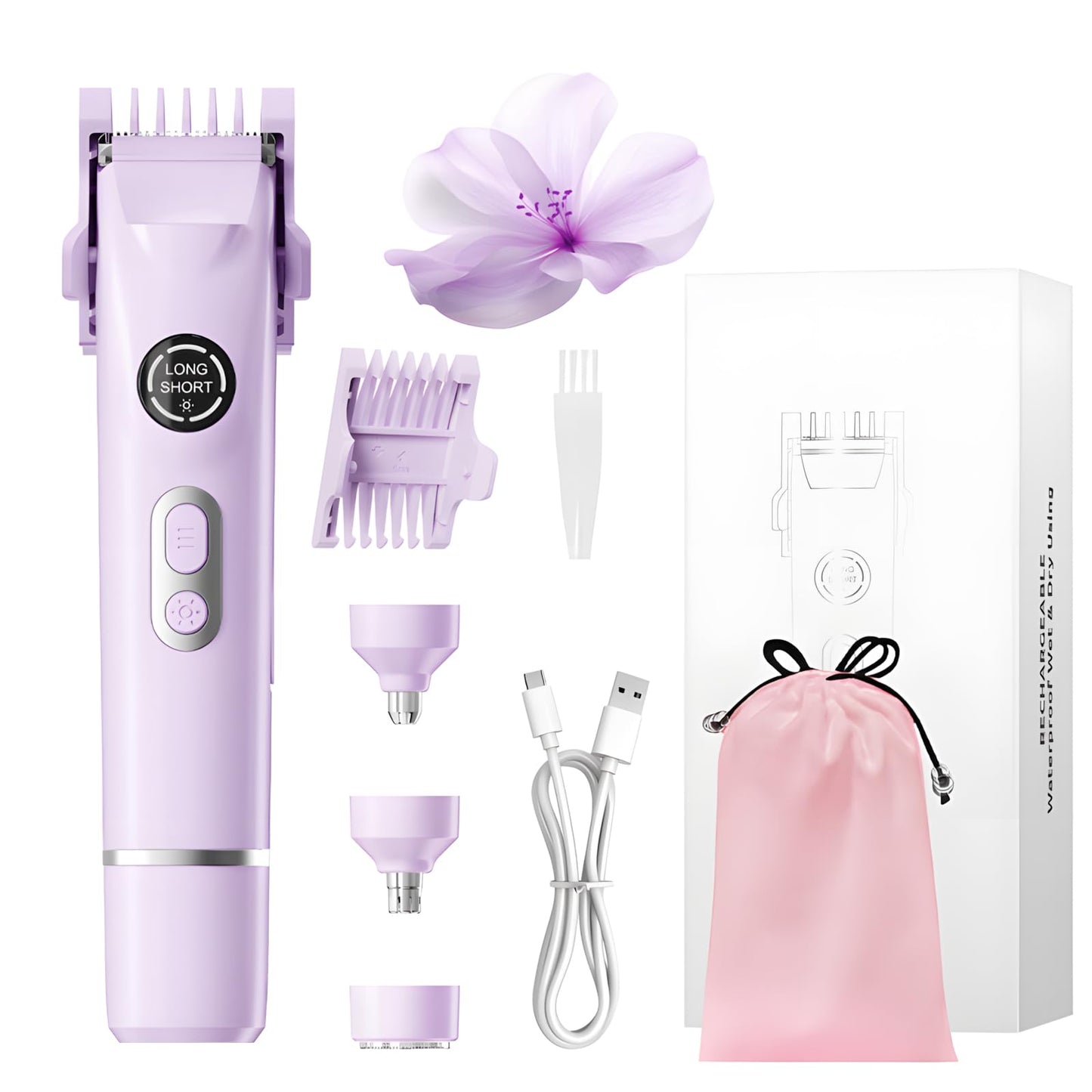 BBDYOY Bikini Trimmer for Women - 4 in 1 Women Electric Shaver Dual Head IPX7 Waterproof Wet & Dry Use Body Hair Trimmer and Facial Hair Remover for Bikini Underarm Leg Arm Body Face,Purple