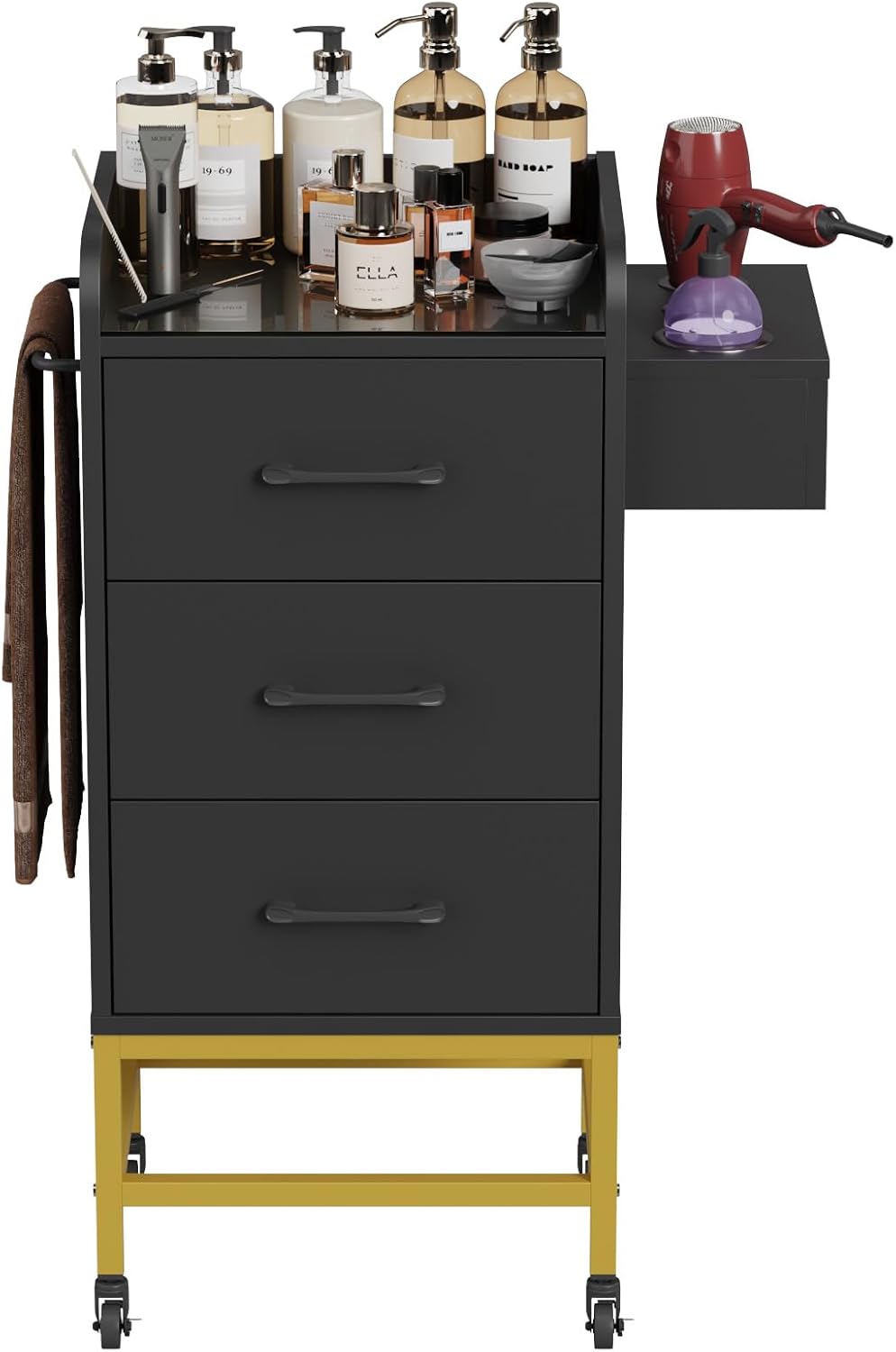 Salon Trolley Cart - Rolling Barber Station with Toughened Glass Top | 4 Wheels, Drawers & Towel Rack - Black