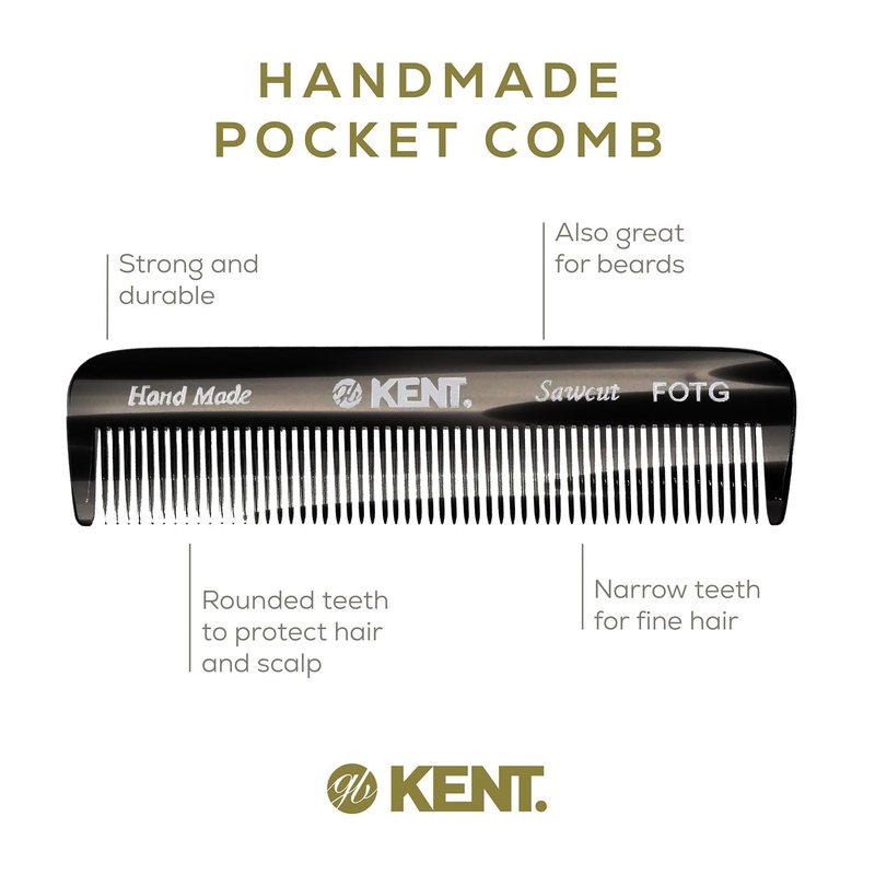Kent FOT Black Graphite Fine Tooth Comb for Men - Handmade Pocket Comb for Travel, Styling, Fine or Thinning Hair, Mustache and Beard Care Handpolished Saw-Cut Made in England