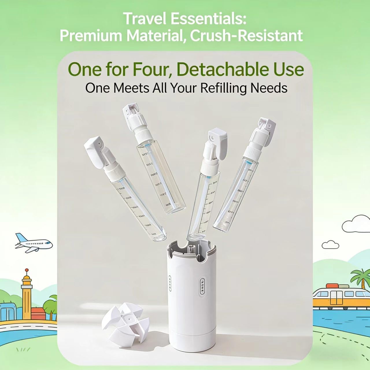 4 in 1 Travel Dispenser Set - Leak-Proof 30ml Pump Bottles for Shampoo, Lotion & Skincare | Portable Green Containers