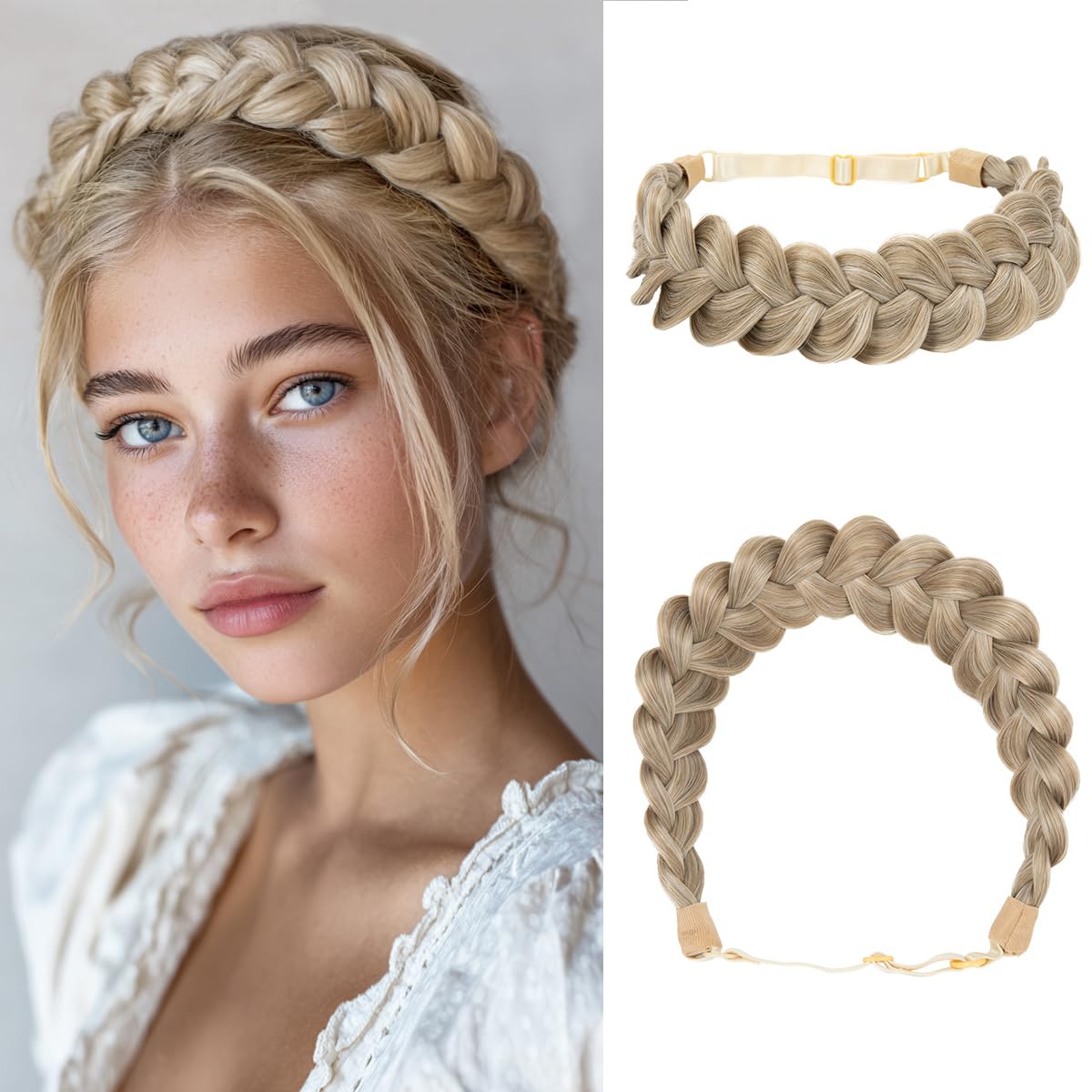 CJL HAIR Wide Elastic Braided Headbands for Women with Adjustable Strap Synthetic Hair Head Bands Handmade Braid Hairband Hairpiece 1PC Sunny Blonde