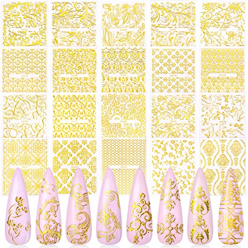 KISSBUTY Metallic Flower & Vine Nail Decals - 20 Sheets Gold Floral Nail Art Stickers for DIY & Salon