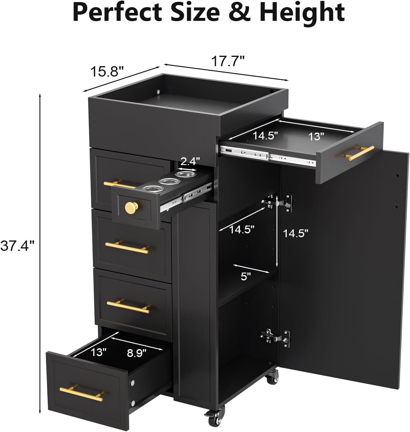 OmySalon Hair Styling Station Trolley Cart - Mobile Storage Cabinet with 5 Drawers & 3 Tool Holders | Black