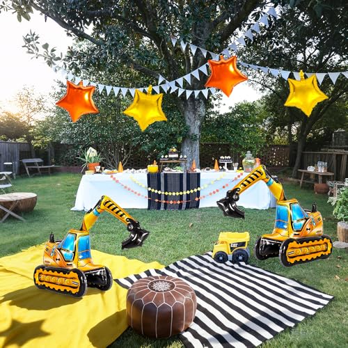 Construction Birthday Balloon Set - Excavator & Star Foil Balloons for 3rd Birthday Party