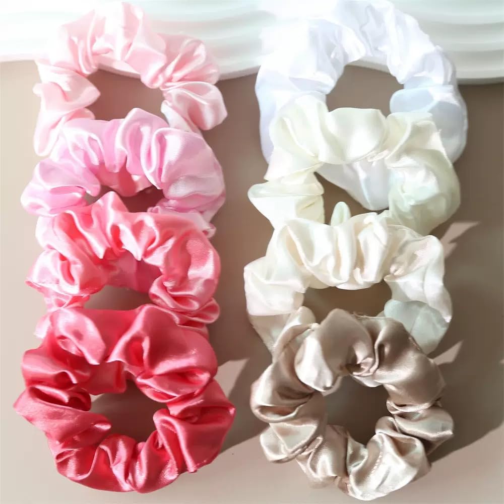 Satin Silk Scrunchies - 8Pcs Soft Hair Ties for Women | Fashionable Ponytail Holders (Khaki & White)