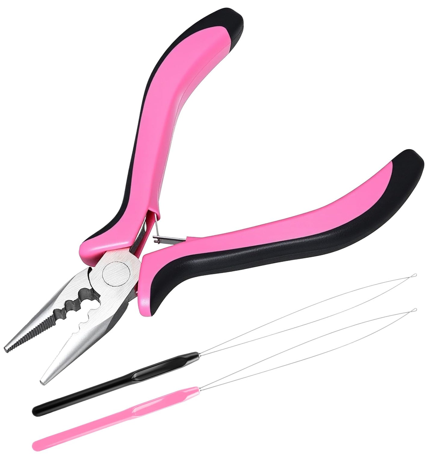 Hair Extension Pliers, 3-Hole Extension Pliers Reach Tool Set for Application Removal Tools Plier Loop Needle Pulling Hook Tool (Pink)