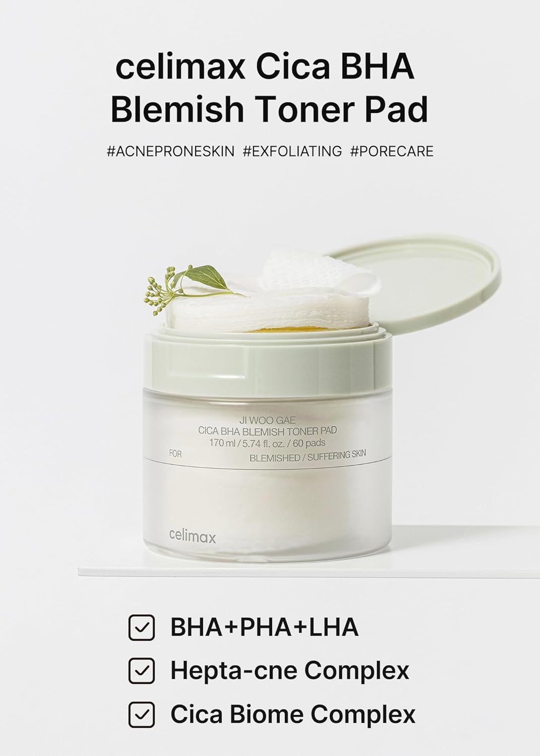 Celimax Ji.Woo.Gae CICA BHA Blemish Toner Pads - Hydrating & Soothing Complex with Centella Asiatica | 60 Pads