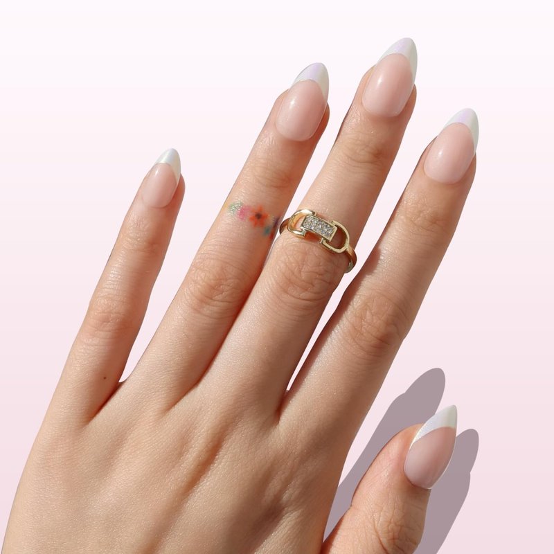 Press On Nails - Mirror Effect Short Almond Fake Nails | White French Tip on Pink Gradient Metallic Base, 16 Sizes - 32 Reusable Nail Kit for Women