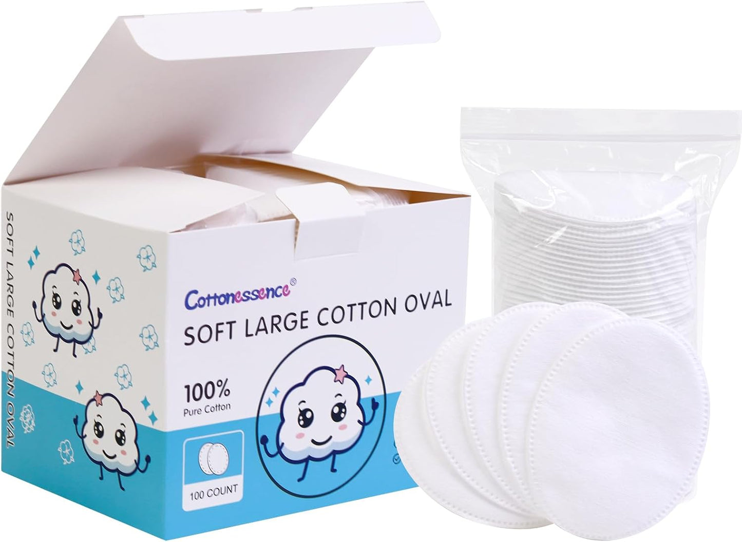 Oval Cotton Pads - 100% Pure Cotton, Gentle for Babies | Lint-Free, Hypoallergenic, Soft Texture, 100-Count
