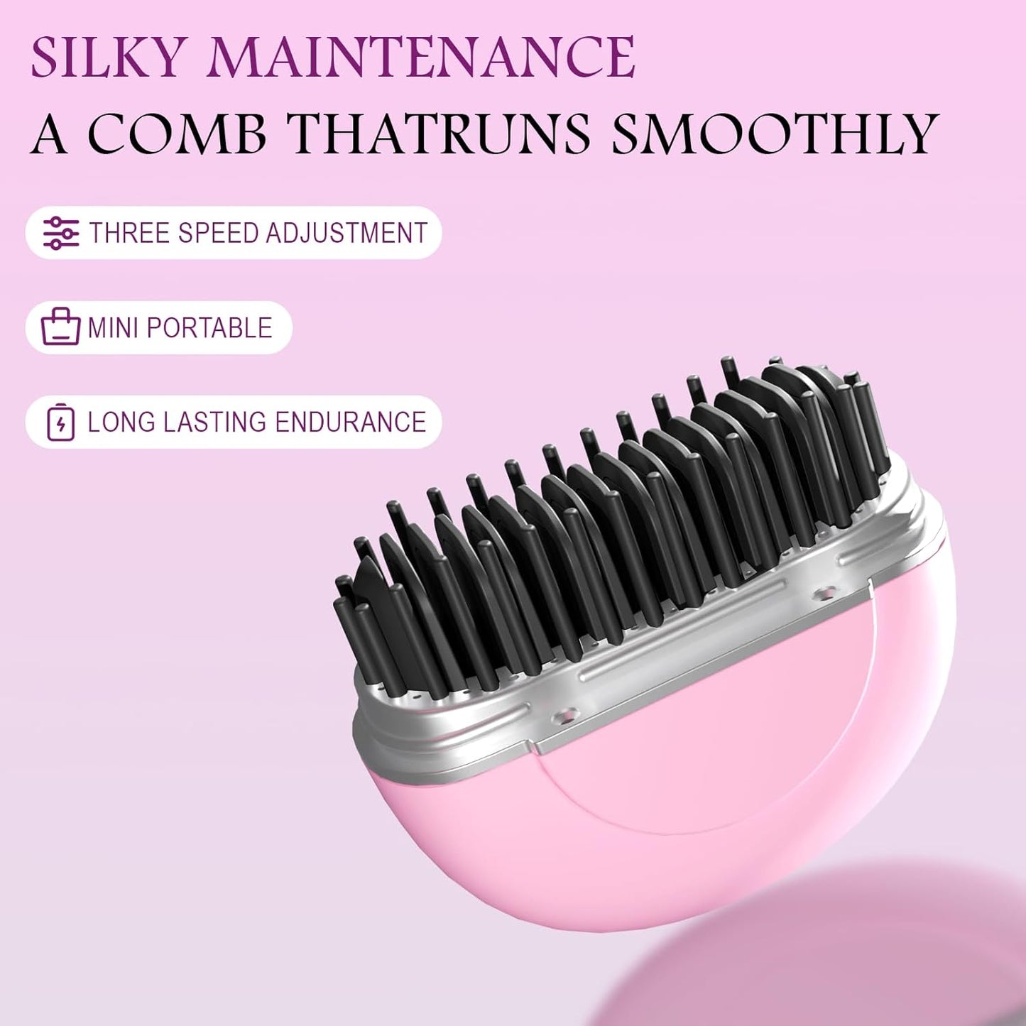 Mini Hair Straightener Brush - Rechargeable Portable Hot Comb with 3-Speed Temperature Control | Travel-Friendly Pink Design