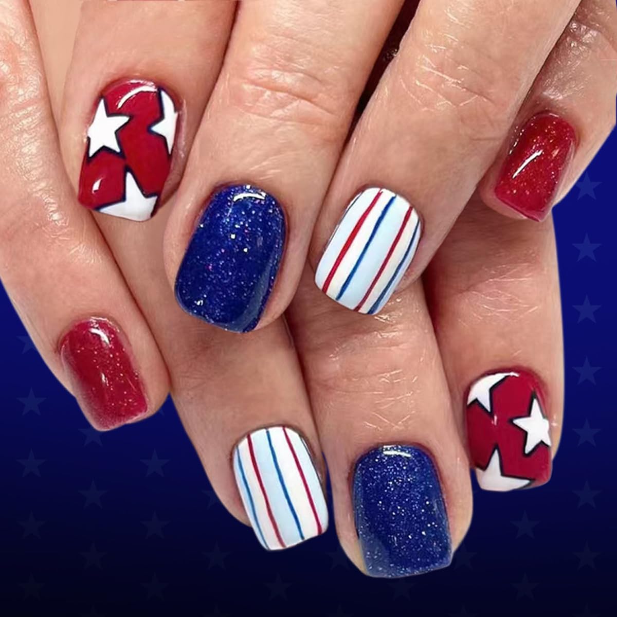Patriotic 4th of July Press on Nails Short Square Fake Nails Red Blue Nails Press ons with Star & Stripe Design,Reusable Artificial Nails,24Pcs Nail Kit for Women Independence Day Manicure