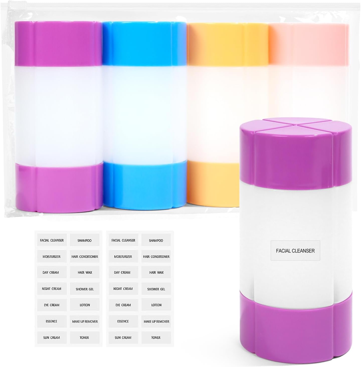 Travel Bottle - TSA Approved 4-in-1 Leak-Proof Design | 4 x 60ml/2oz with Labels for Travel, Gym, Camping (Blue)