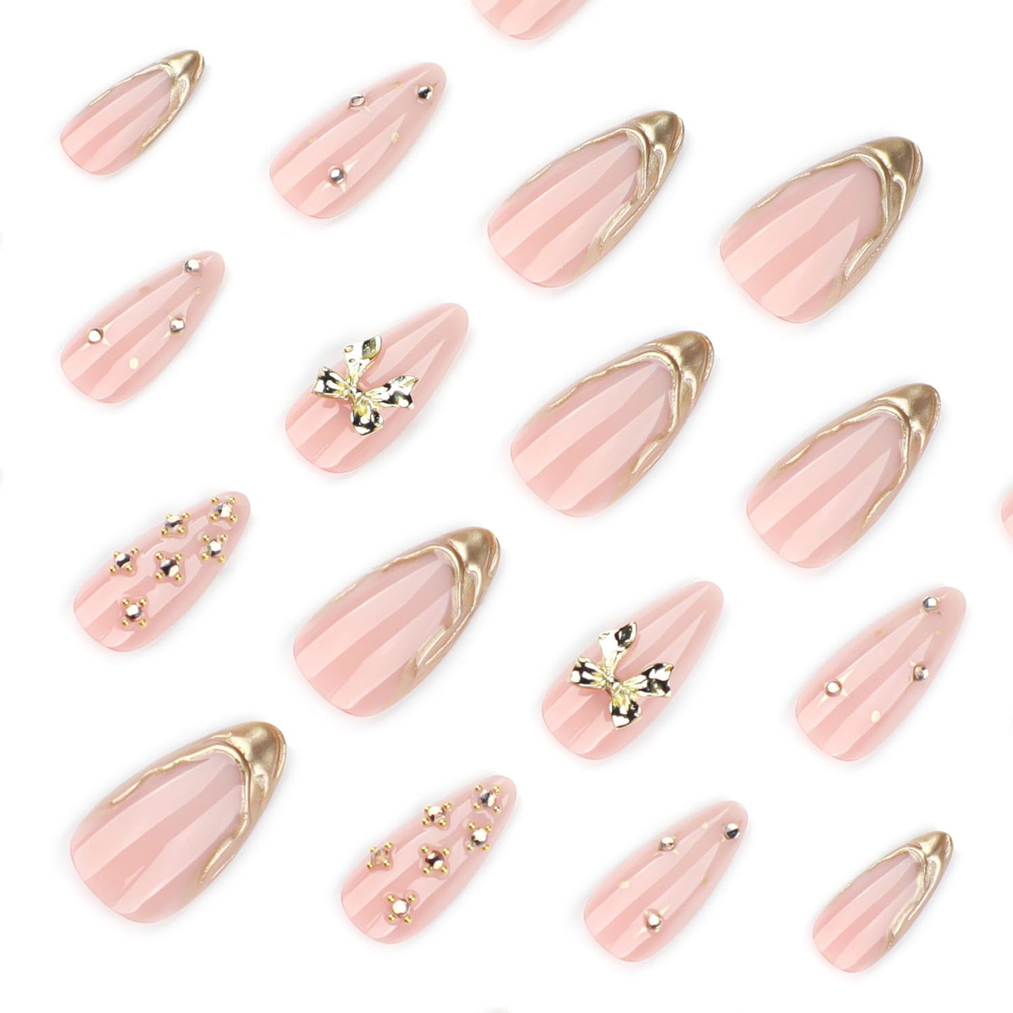3D Gold French Tip Press-On Nails | Medium Almond Shape with Rhinestones & Gold Beads | Full Cover, Glossy Finish