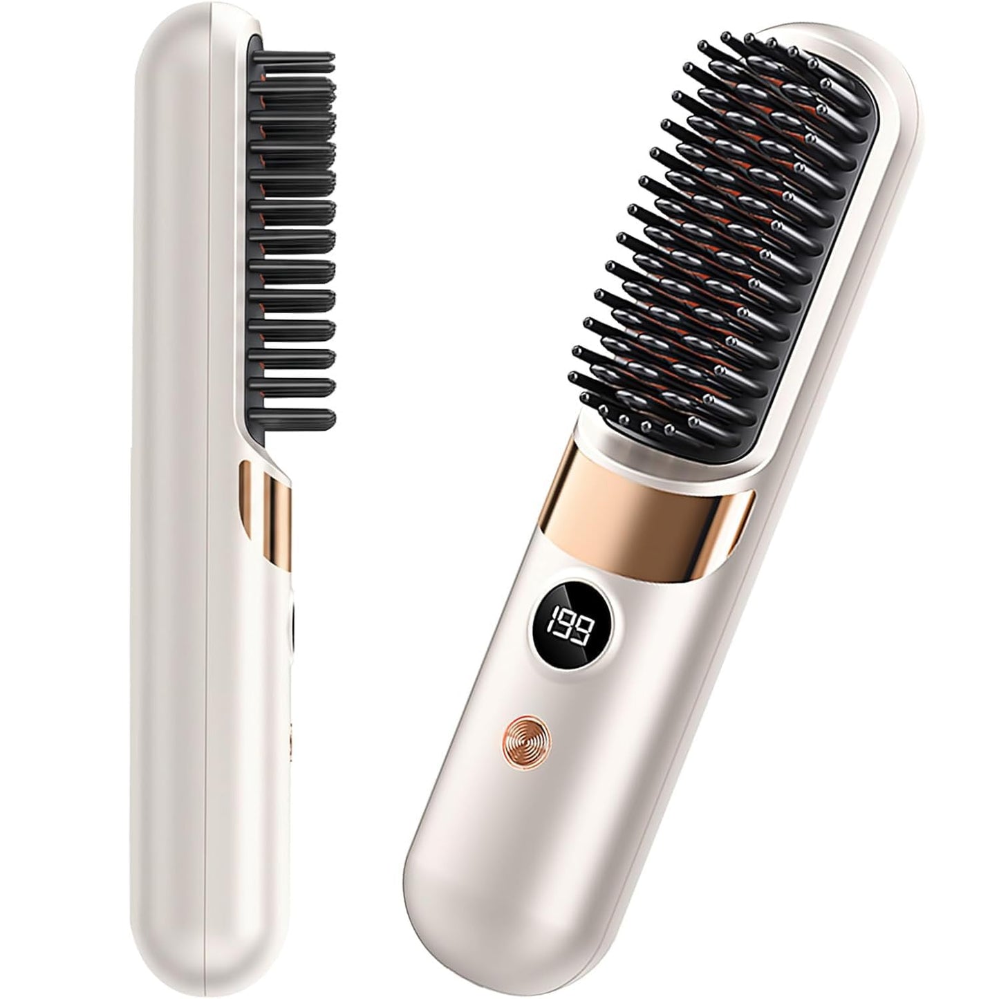 Go Brush Pro Cordless Hair Straightener Brush - Portable Rechargeable Ceramic Styling Brush with 4 Adjustable Heat Modes & LED Display, Perfect for Travel & Everyday Use (Cream White)