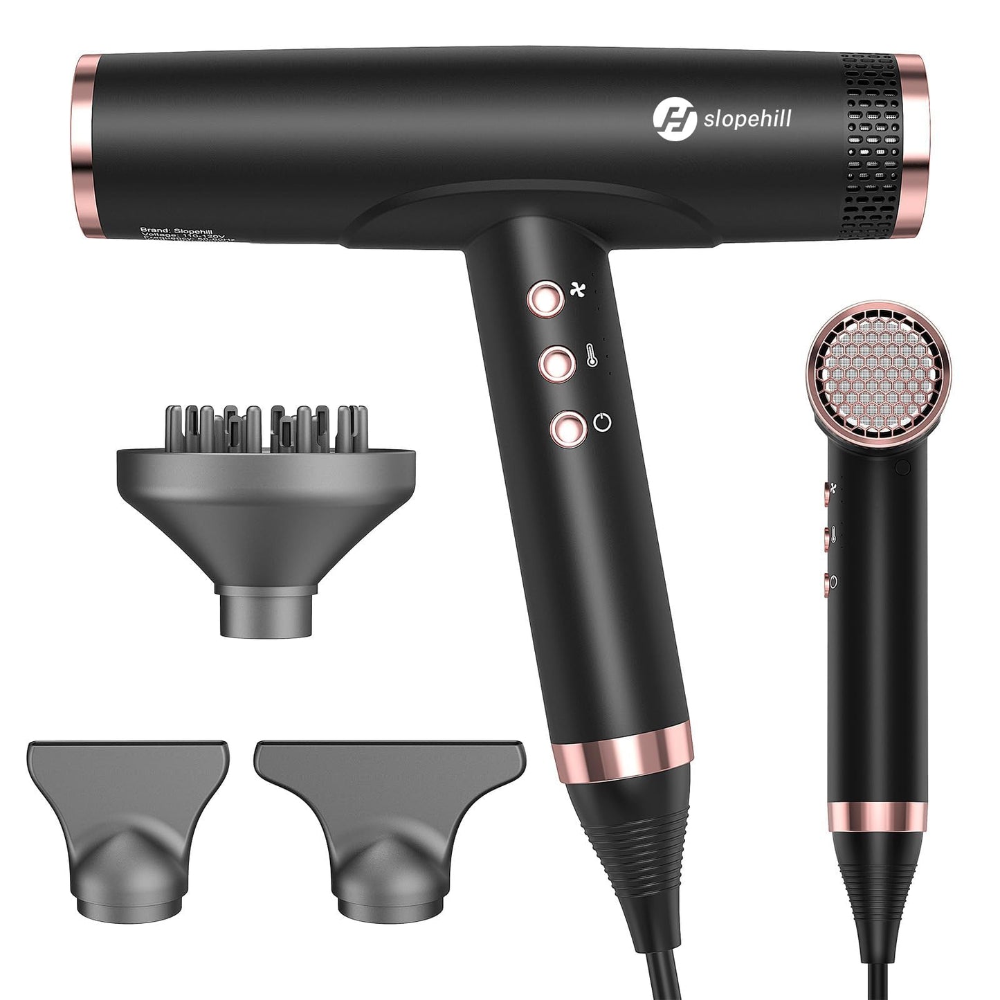 slopehill Professional Ionic Hair Dryer with Diffuser - Lightweight, Compact, Powerful & Fast Salon Blow Dryer with High Speed Brushless Motor for Travel, Women & Men Ceramic, Black