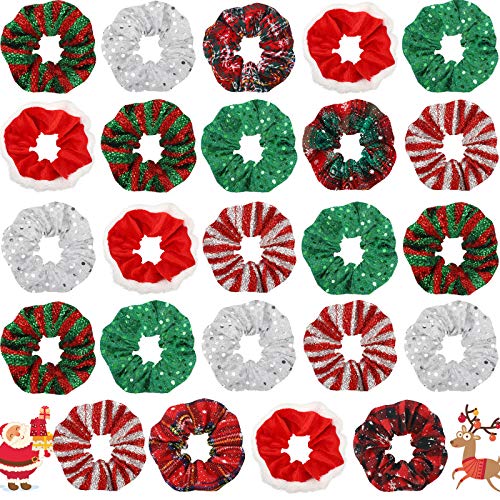 WILLBOND 25 Pcs Novel Christmas Pattern Velvet Scrunchies - Holiday Hair Ties