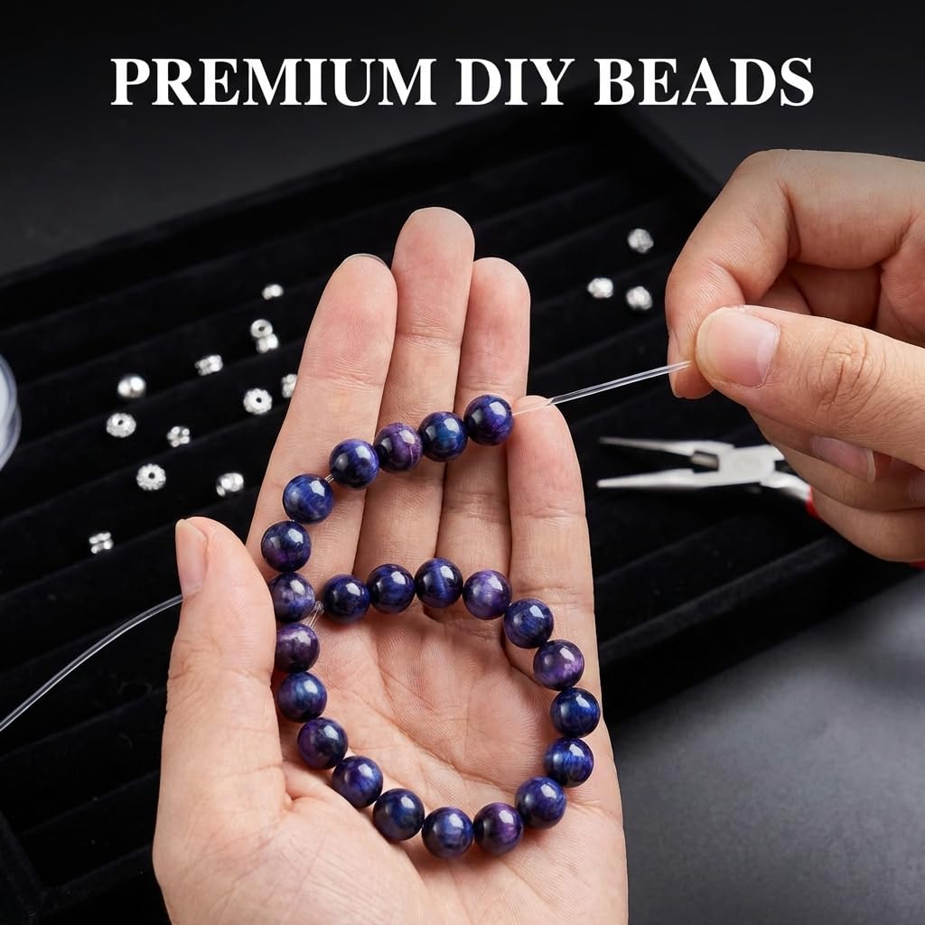 Gems for Crafting, 62pcs 6mm Natural Tiger Eye 7A Grade Polished Starry Sky Blue Tigers Beads Smooth Round Eye of The Tiger for DIY Gothic Jewelry Bracelet Necklace Making Men and Women
