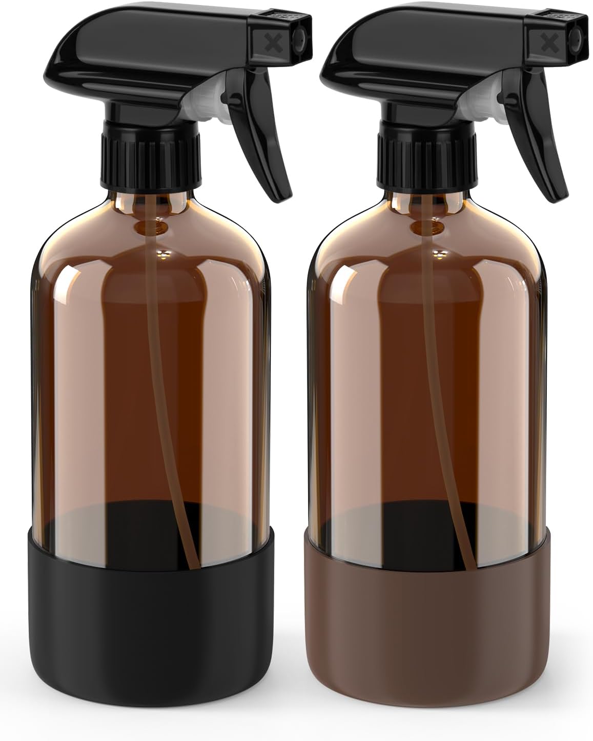 Bontip Amber Glass Spray Bottle Set - Silicone Sleeve Protection for Aromatherapy & Hair Care | 16 oz (Black & Brown)