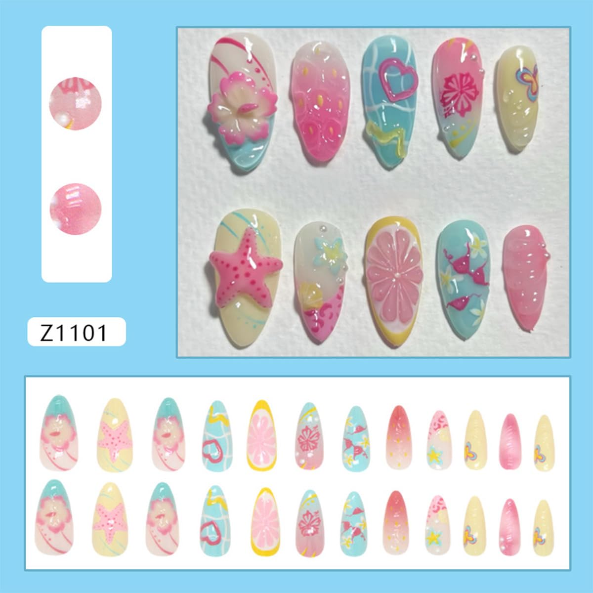 24Pcs Summer Press on Nails Medium Almond Fake Nails with 3D Tropical Fruit Flower Starfish Design Marine Ocean Beach False Nails Cute Glue on Nails for Women Acrylic Manicure Decoration Accessories