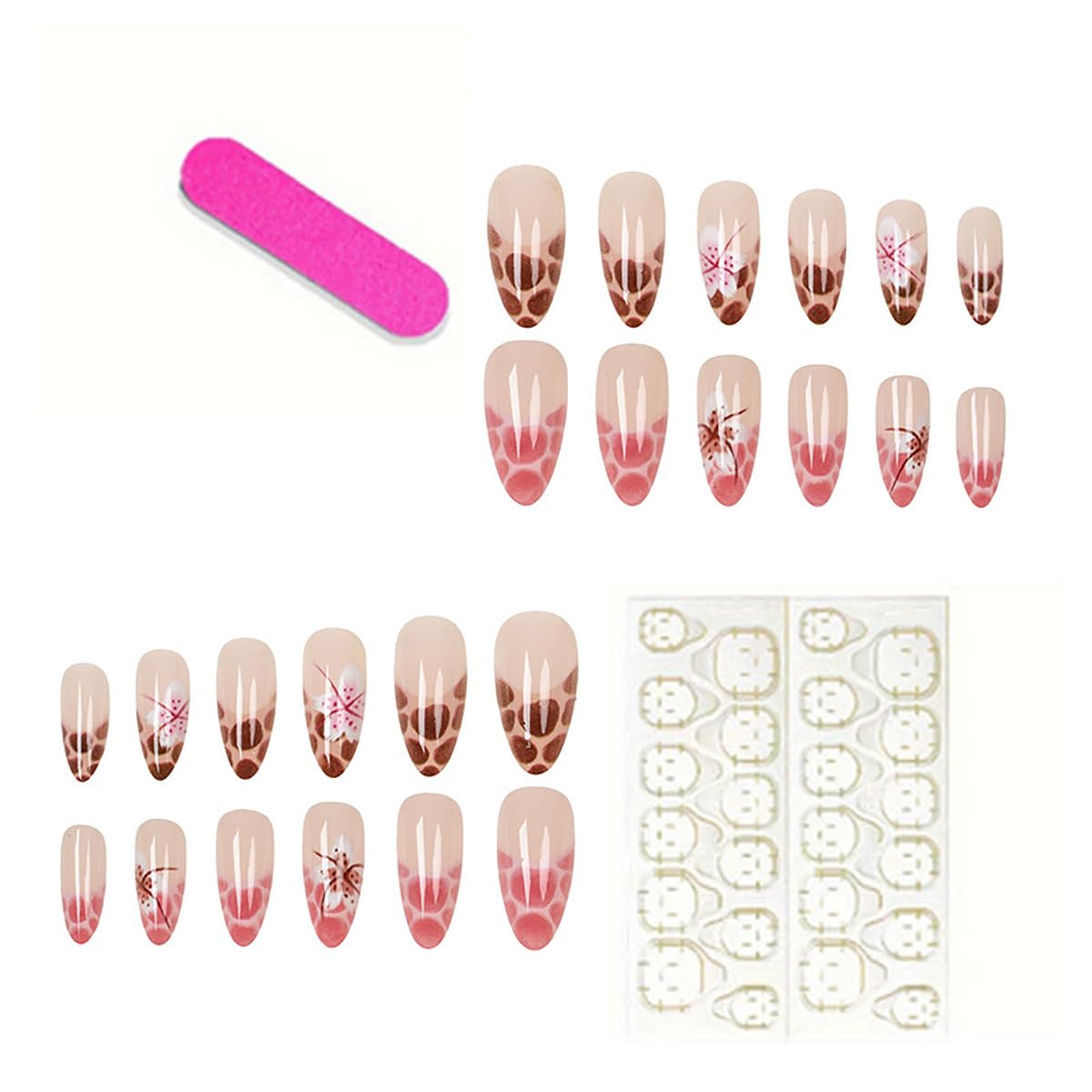 24Pcs Leopard Print French Tip Press on Nails Short Almond Fake Nails Pink Brown Full Cover Tips Glue on Nails Flower False Nails Cute Spring Stick on Nails for Women Acrylic Manicure Decorations DIY