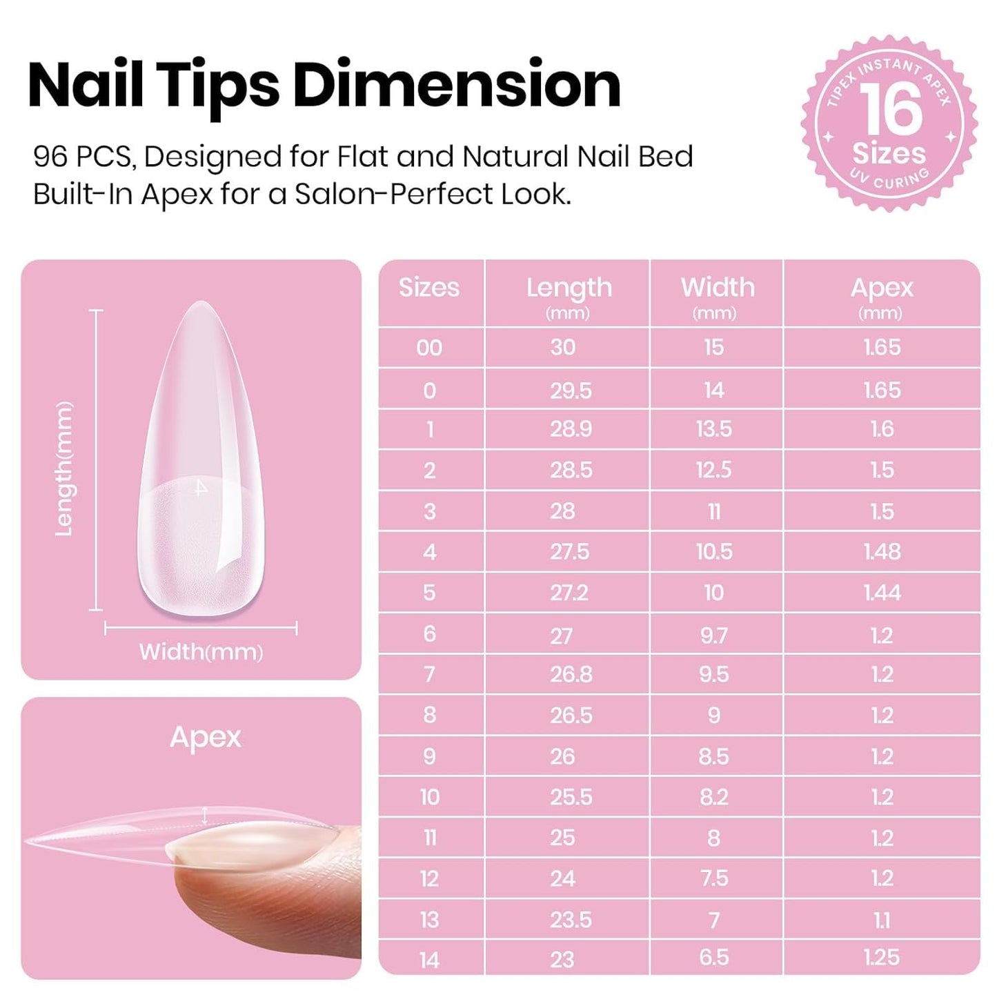 Beetles Nail Tips - Medium Stiletto Apex for DIY Extensions | 16 Sizes 00-14, No Builder Gel Needed