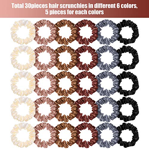 Colorful Satin Small Scrunchies Hair Ties - Set of 30, Mini Skinny Ponytail Holders