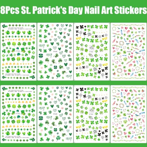 Sutaozhi Shamrock Nail Stickers Set - 8 Sheets St. Patrick's Day Nail Art, Self-Adhesive Irish Clover Decals, Variation: shamrock-2