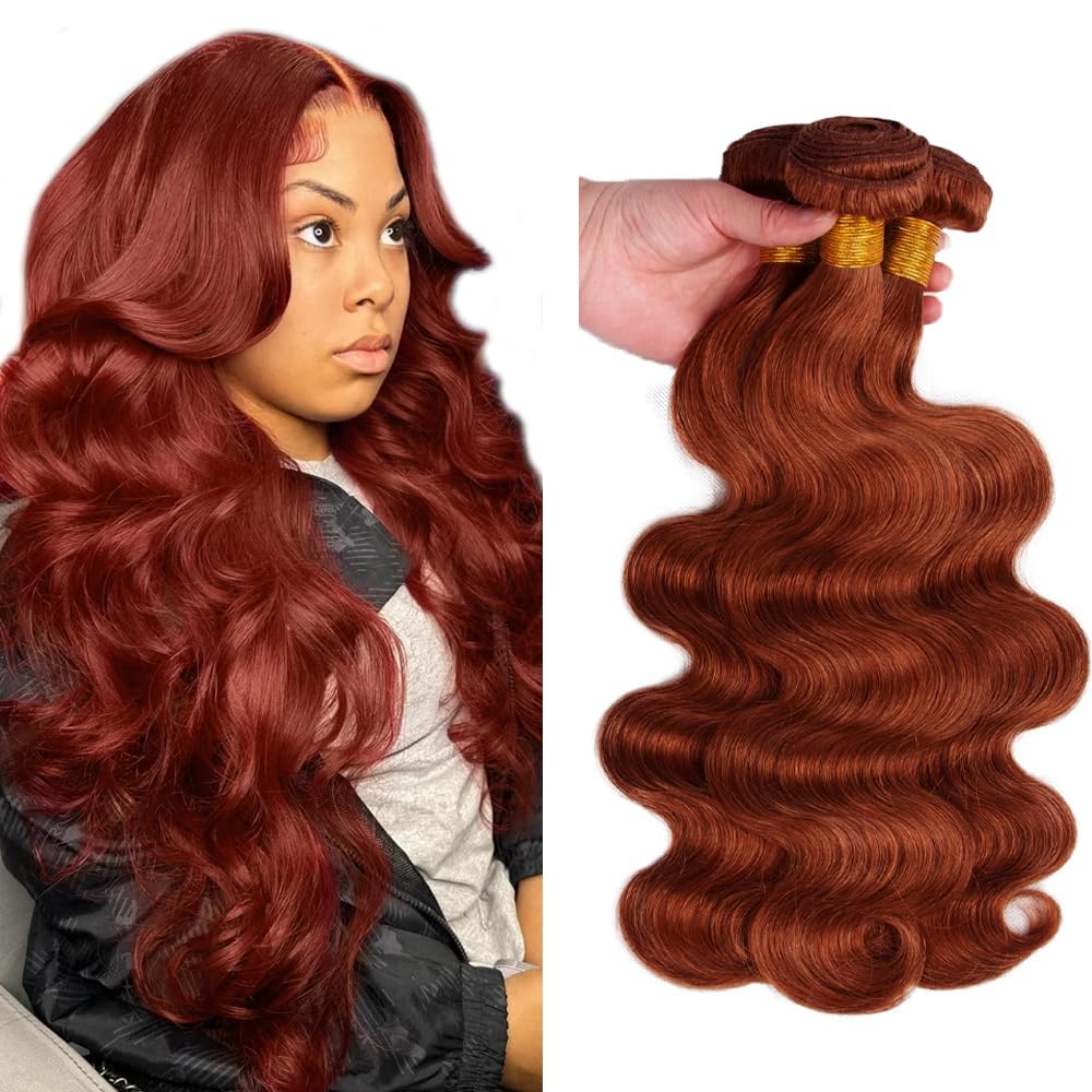 Huxowax Auburn Bundle Human Hair Color Body Wave Brazilian Virgin Weave 3 Bundles Double Weft #33 Reddish Brown Body Wave Human Hair Extensions Total 150g 16 18 20 Inch
