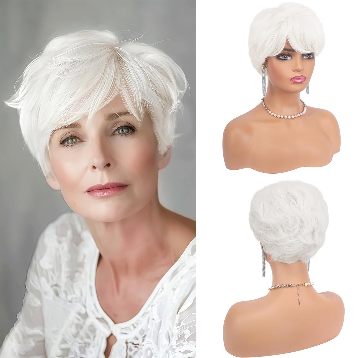 Grey Pixie Wigs for Women - Short Natural Layered Synthetic Hair | Heat Resistant Daily Wear