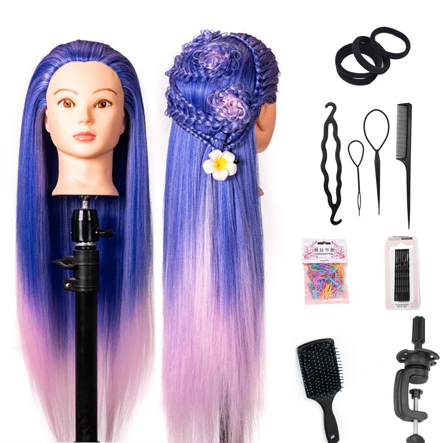 Mannequin Head with Hair - 26" Styling Manikin for Cosmetology | Multicolored Synthetic Fiber Hair, Table Clamp Stand Included