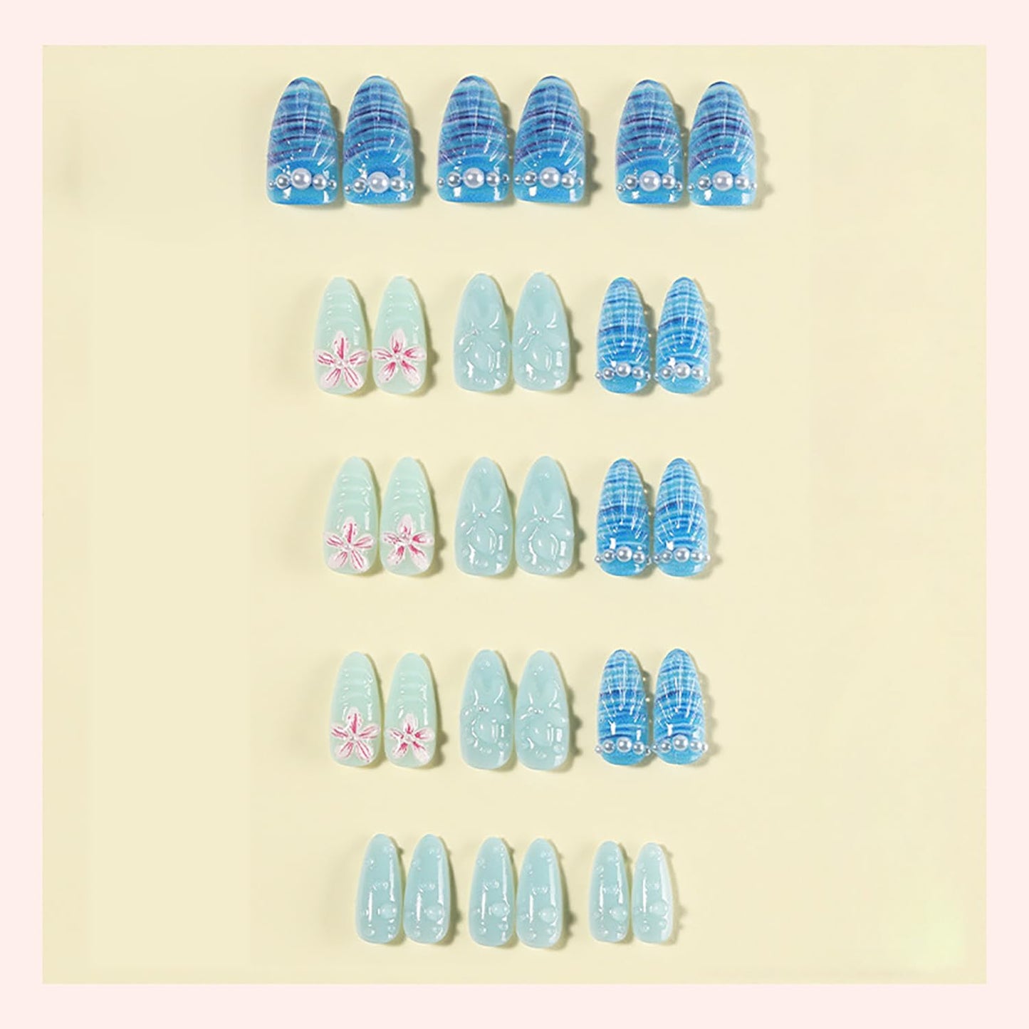 30pcs Summer Ocean Beach Press on Nails Medium Almond Fake Nails with 3D Flower Pearl Design Cute Floral False Nails Blue Ocean Artificial Nails Full Cover Stick on Nails for Women Nail Decorations