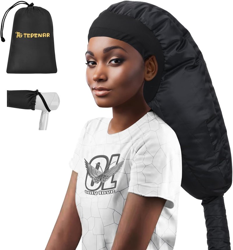 Hair Dryer Bonnet Attachment - Extra Large Adjustable Hooded Cap for Natural Curly Hair Care | Fast Drying, Easy to Use - Black