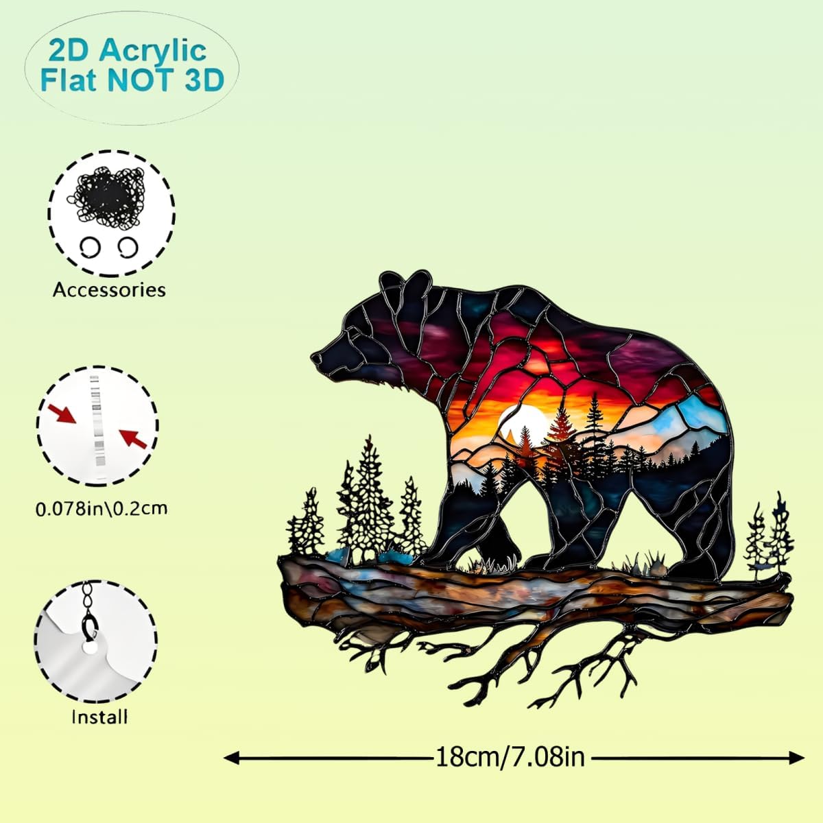Bear on Branch Acrylic Suncatcher - 7.08 Inch Stained Glass Style Window Decor | Rainbow Maker Wall Art & Garden Ornament