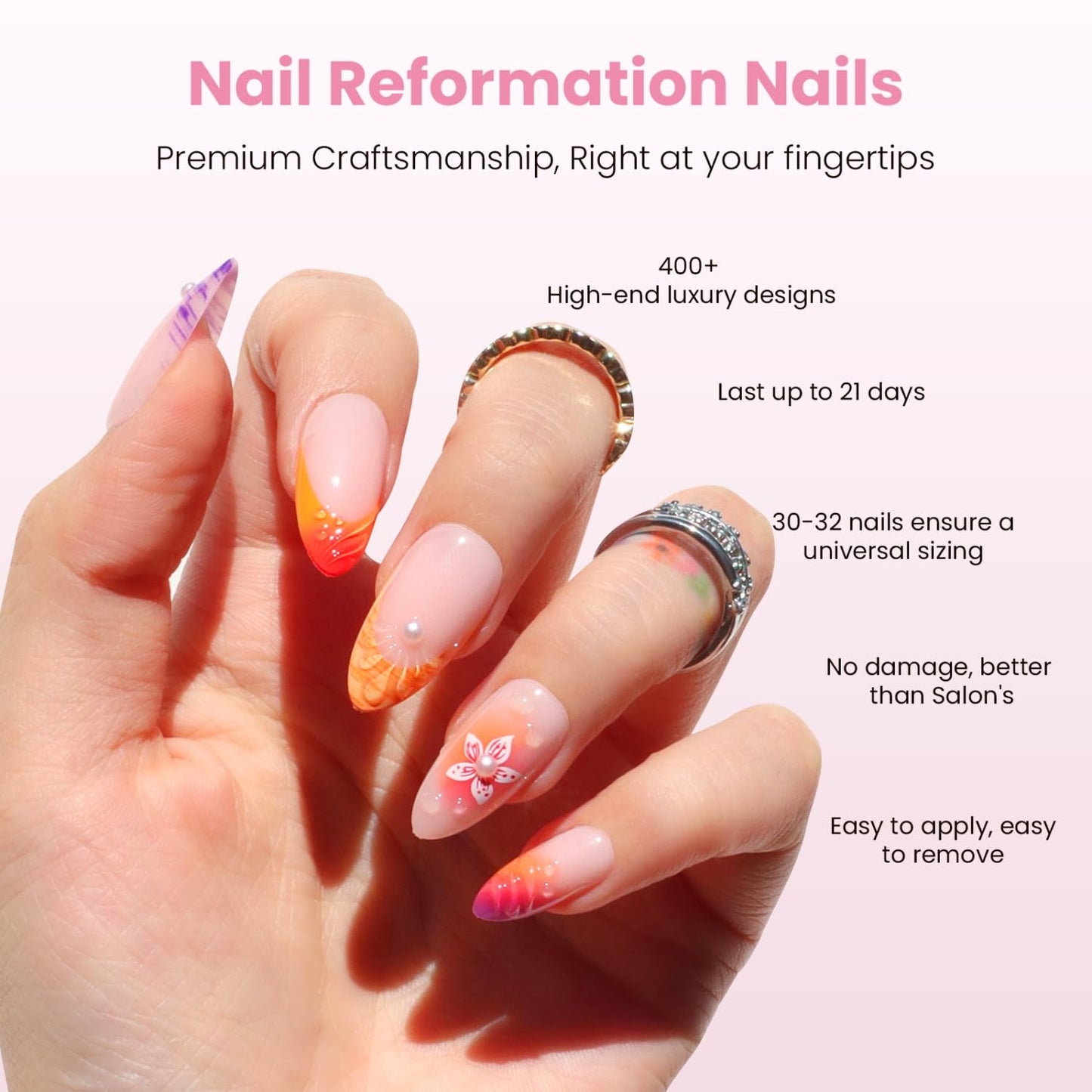 Press On Nails - Tropic Tide Sunset Orange to Deep Purple | Medium Almond Shape with 3D Floral Accents - Reusable 30-Piece Set in 15 Sizes