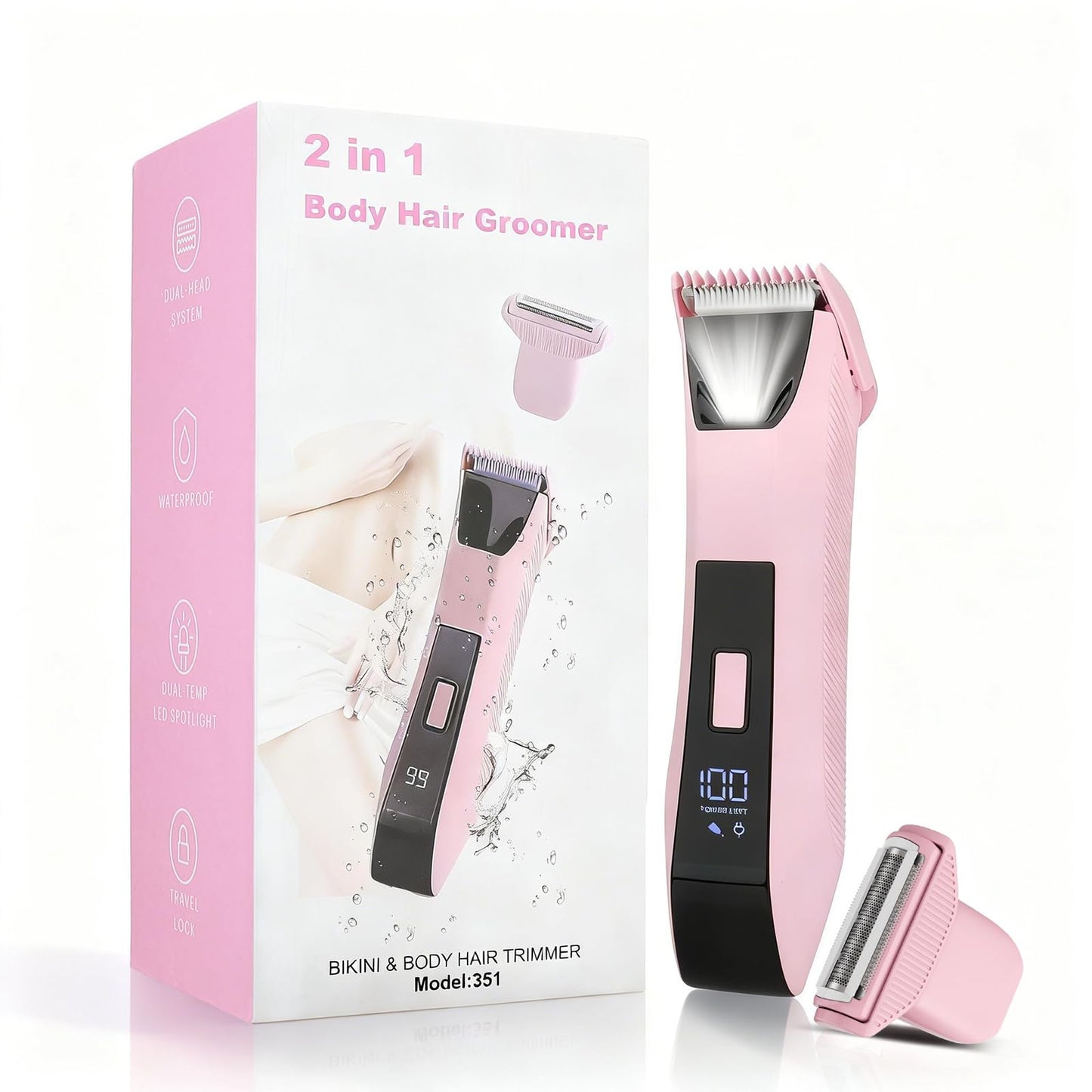 2-in-1 Bikini Trimmer for Women - Electric Razor & Pubic Hair Shaver with LED Light & Display, IPX7 Waterproof, USB-C Fast Charge, Travel Lock, Ceramic Blades for Body/Underarm/Leg, Painless Grooming