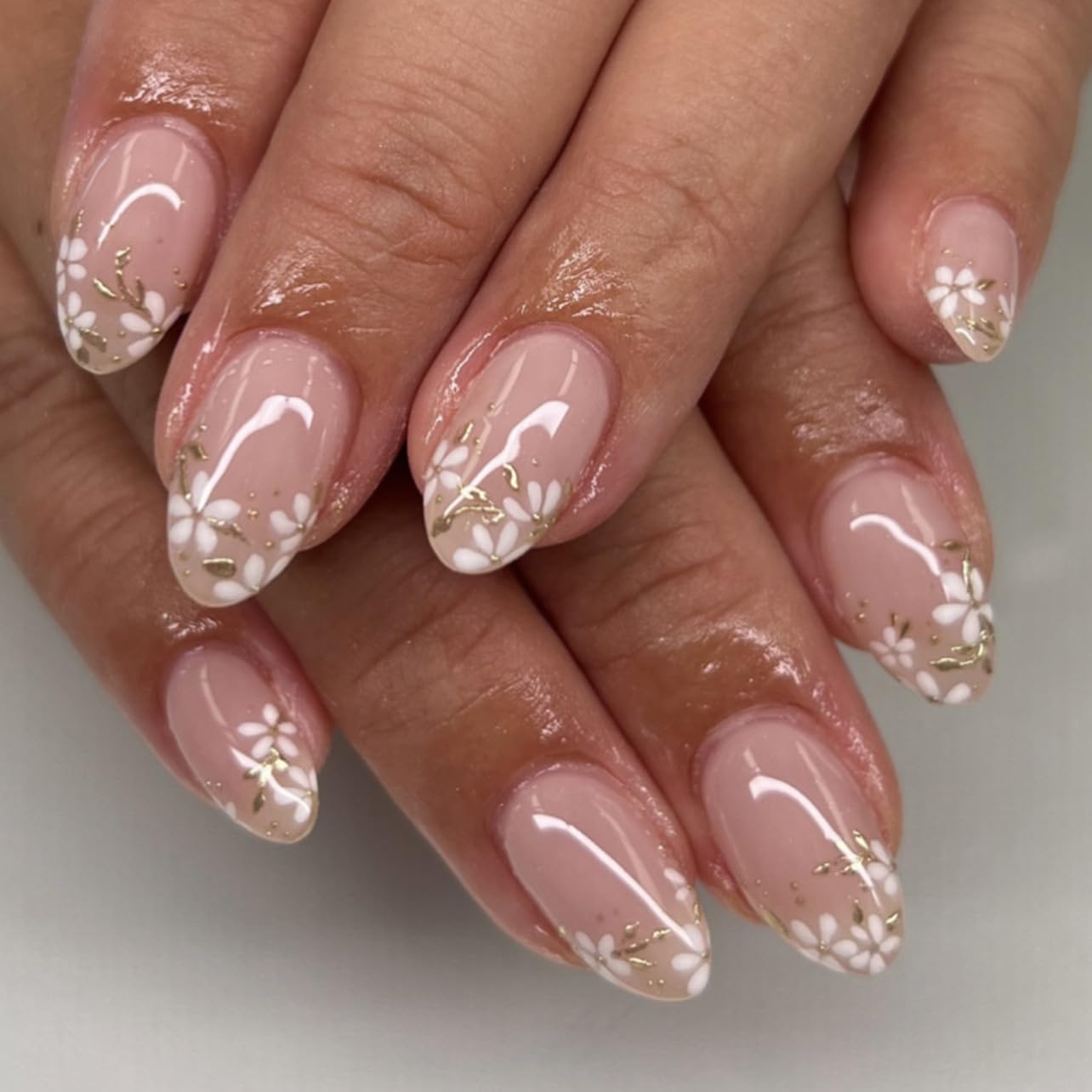 3D Gold Line French Tip Press-On Nails - Short Almond Glitter Light Nude | Handmade Acrylic Nails with 3D Pearl Designs