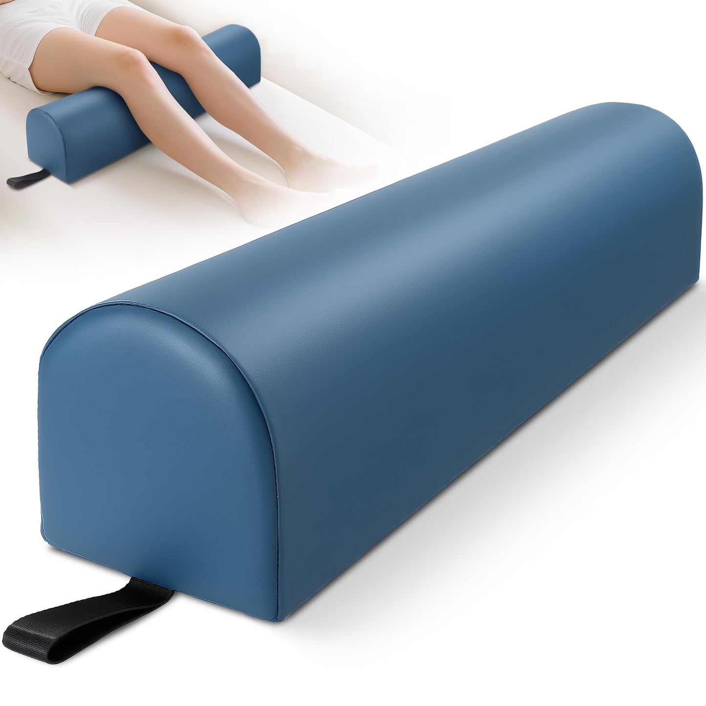 Noverlife 3/4 Round Massage Bolster, 26x6x6 inch Leg Bolster for Massage Table with Strap Handle PU Leather Bolster Pillow for Legs, Physical Therapy Bolsters Under Back Knee Ankles Pain Relief - Blue