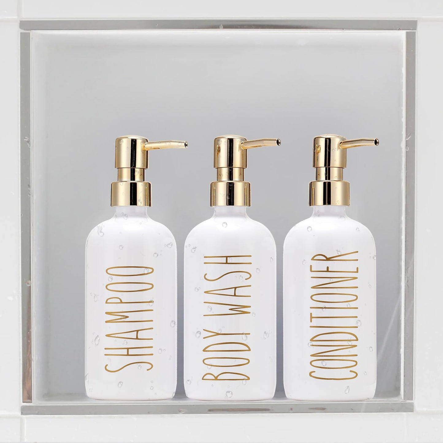 HOMCDALY Shampoo and Conditioner Dispenser Set of 3, 21oz Shower Soap Bottles with Pump, Refillable Shampoo Conditioner Body Wash Dispenser, Bathroom Shower Shampoo Bottles, Shampoo Container(P-Gold)