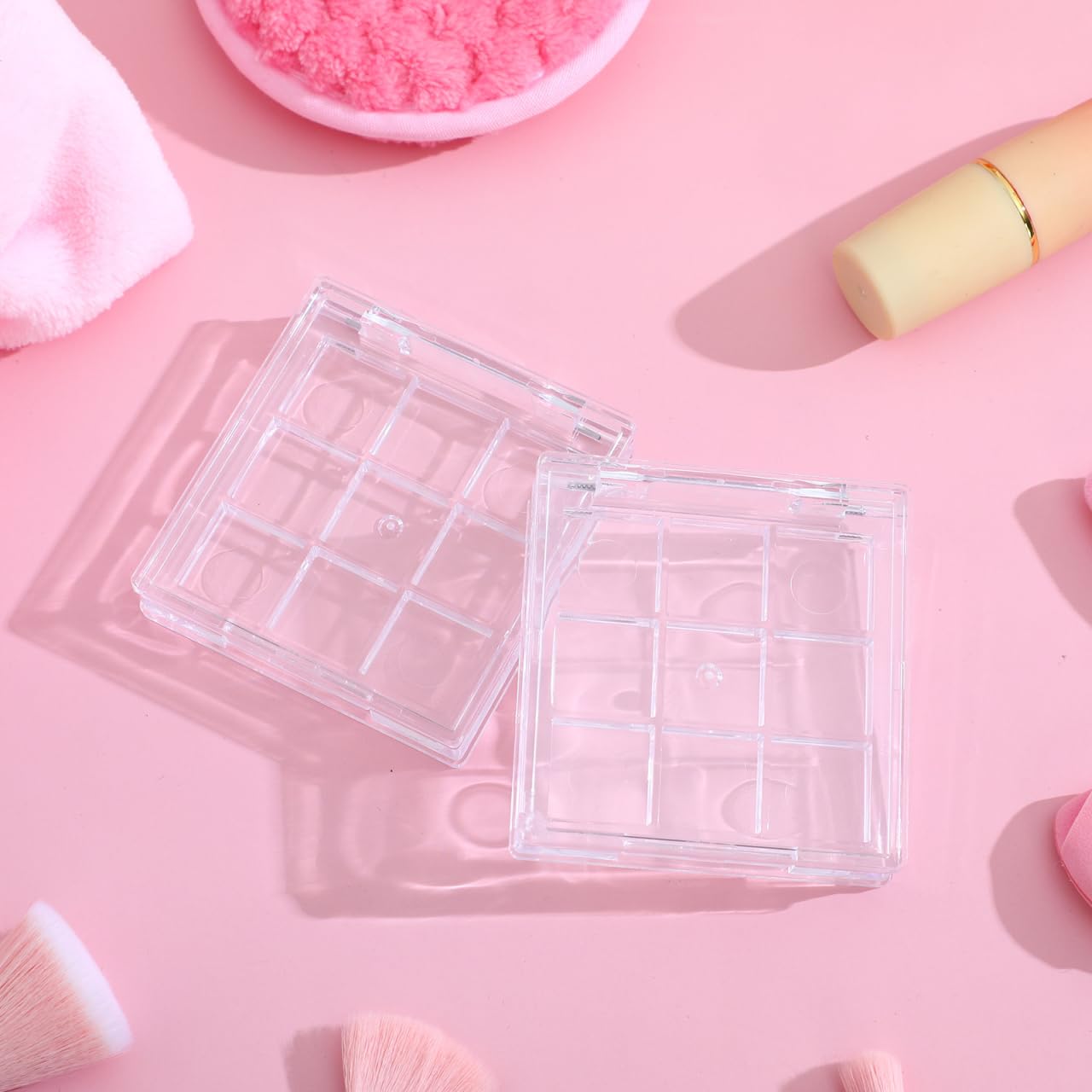Ipetboom Empty Makeup Palette Depotting Cases - 2pcs 9-Grid Empty Clear Blush Lipstick Box - Portable Makeup Organizer Storage Cases Highlighters Sample Eye Shadow Bracket Travel