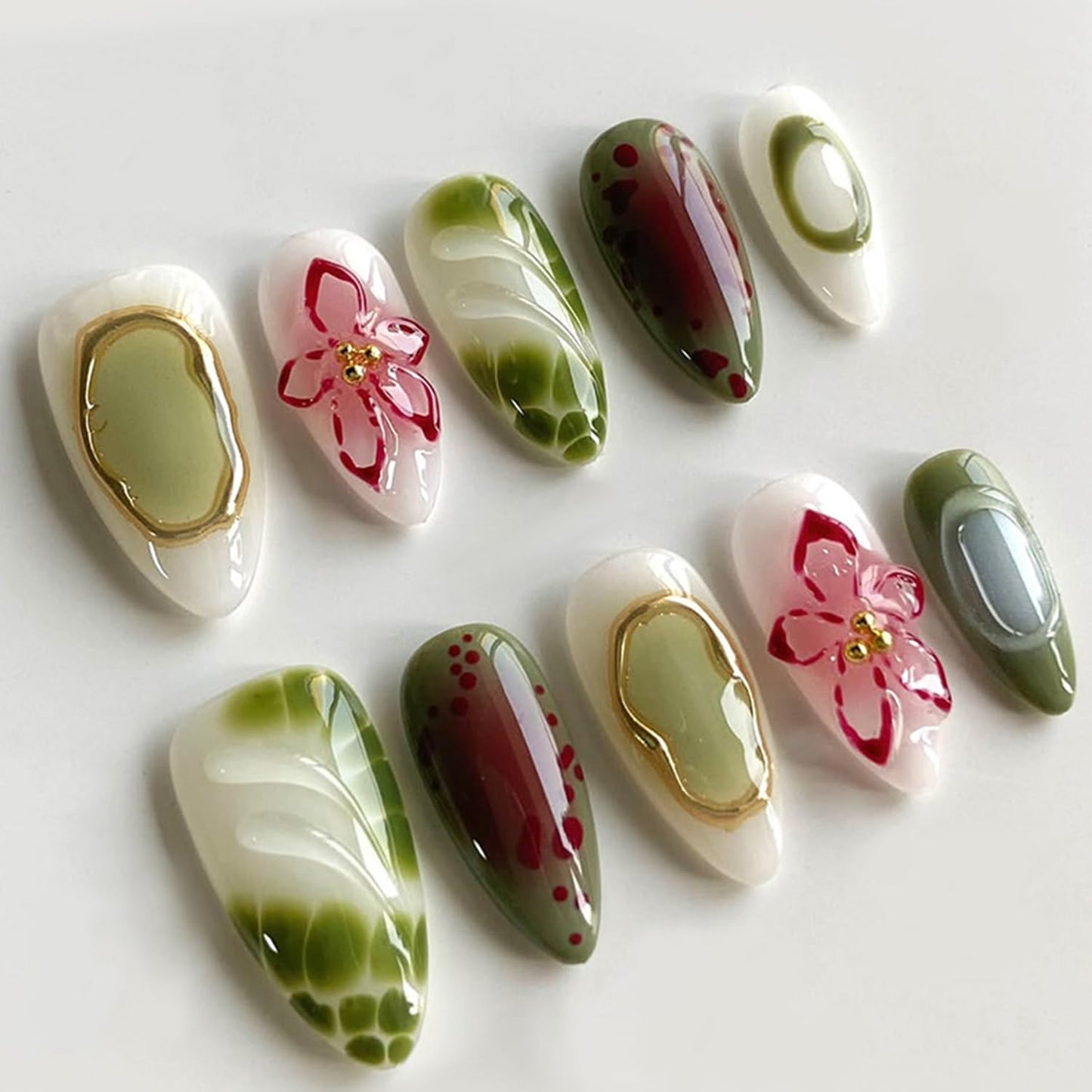 Short Almond Press-On Nails - 24 Pcs French Tip with Leopard Print & Gold Beads | Reusable Acrylic Nail Designs for Women