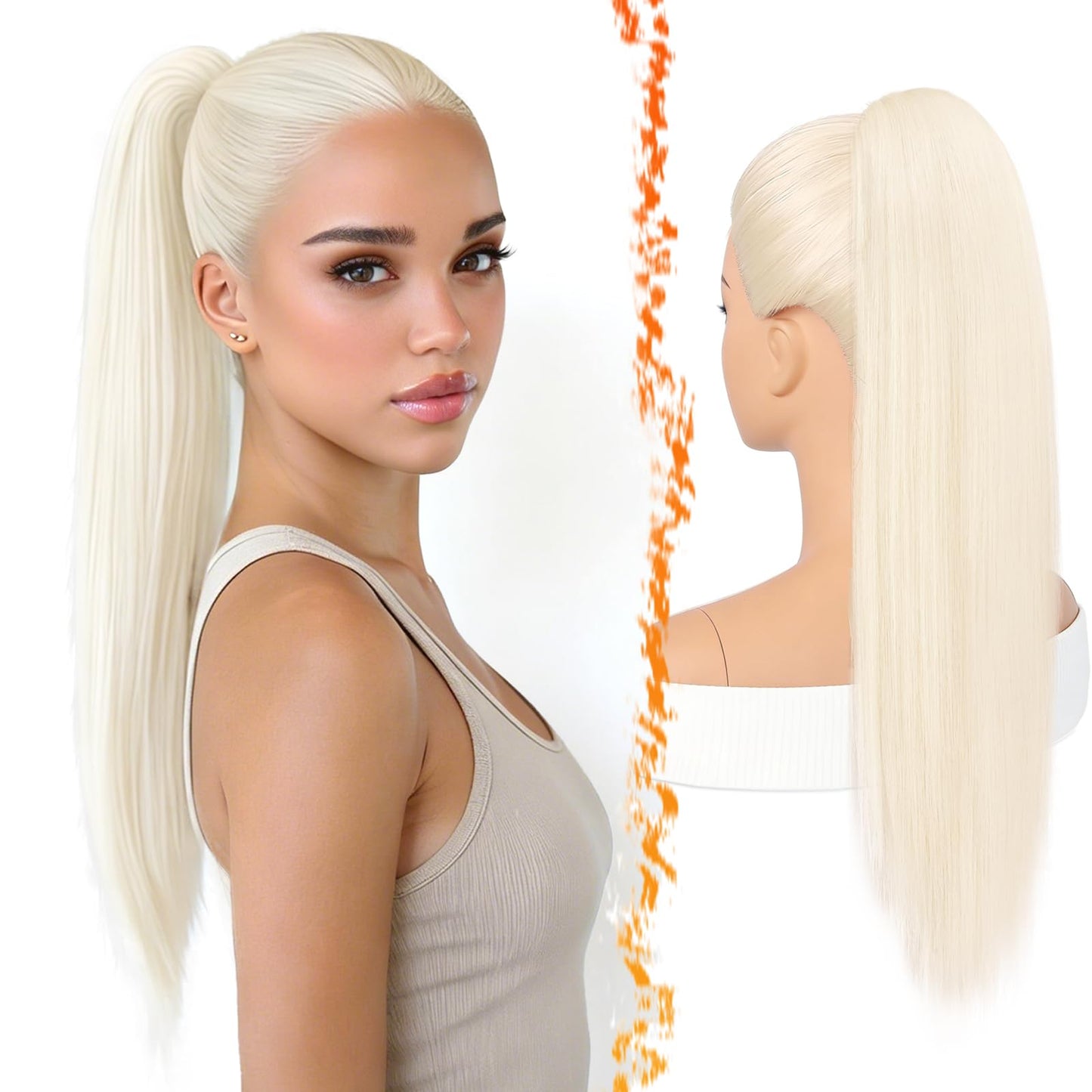 BARSDAR Platinum Blonde Straight Drawstring Ponytail Extension - 22 Inch Long Straight Drawstring Ponytail Extension Natural Looking Soft Synthetic Cheer Posh Pony Tails Hairpieces Daily Party